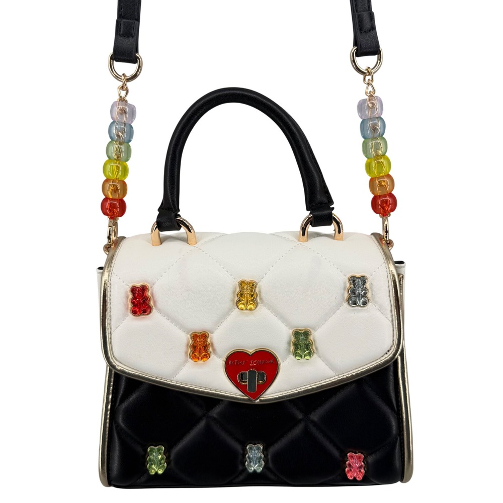 Betsey Johnson Gummy Bear Quilted Satchel Crossbody Bag Black White Rainbow Hear